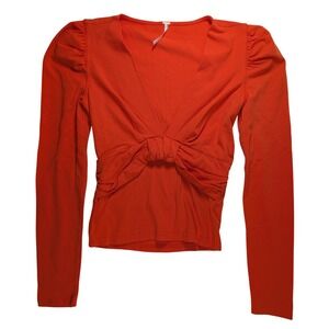Free People Knot Front Top Womens Size S Orange Puff Sleeve V-Neck
